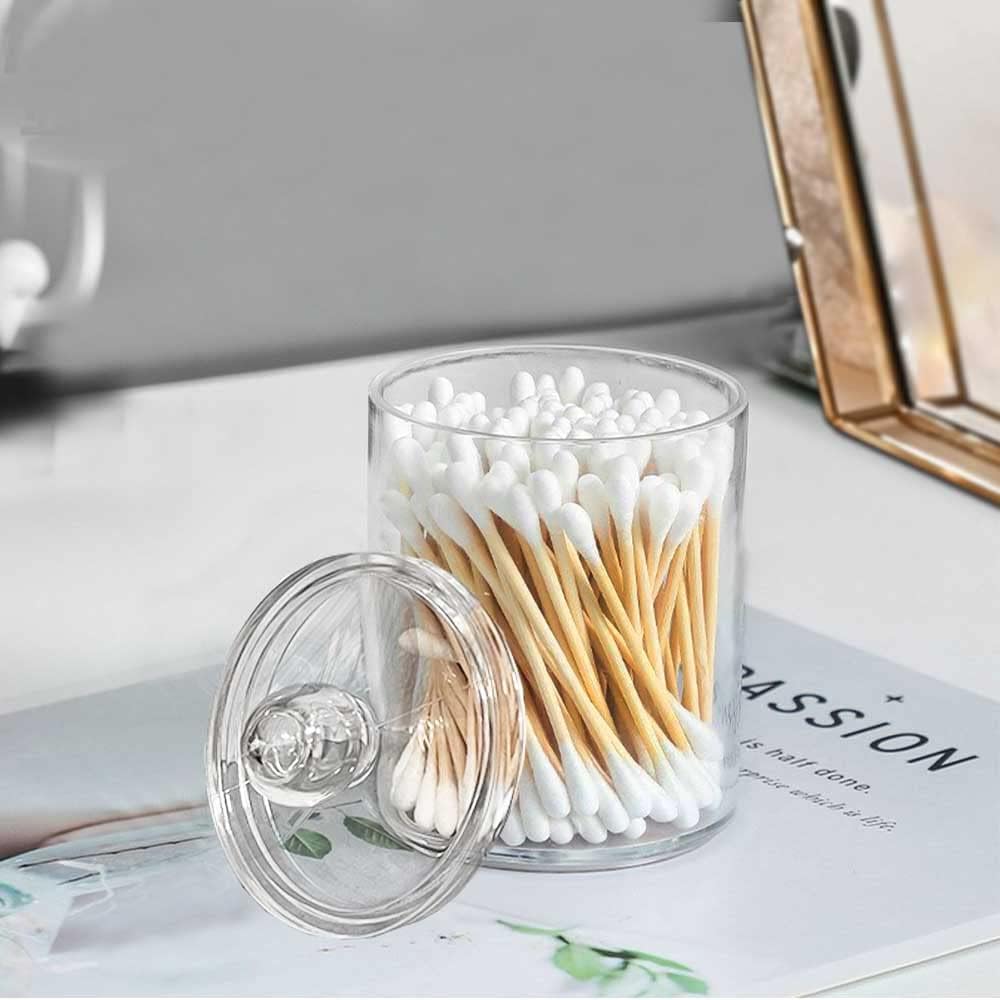 Qtip Holder Dispenser for Cotton Ball, Swab, Round Pads, Floss Picks - 10 oz Clear Plastic Apothecary Jar Set for Bathroom Canister Storage Organization, Vanity Makeup Organizer
