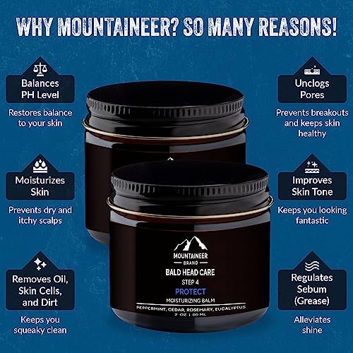 Mountaineer Brand Bald Head Care Gifts For Bald Men | All Natural 4 Step Daily Skin Care for Healthy Scalp & Face | Exfoliate Scrub | Cleanse Wash | Shine Away PH Balance | Protect Moisturizing Balm
