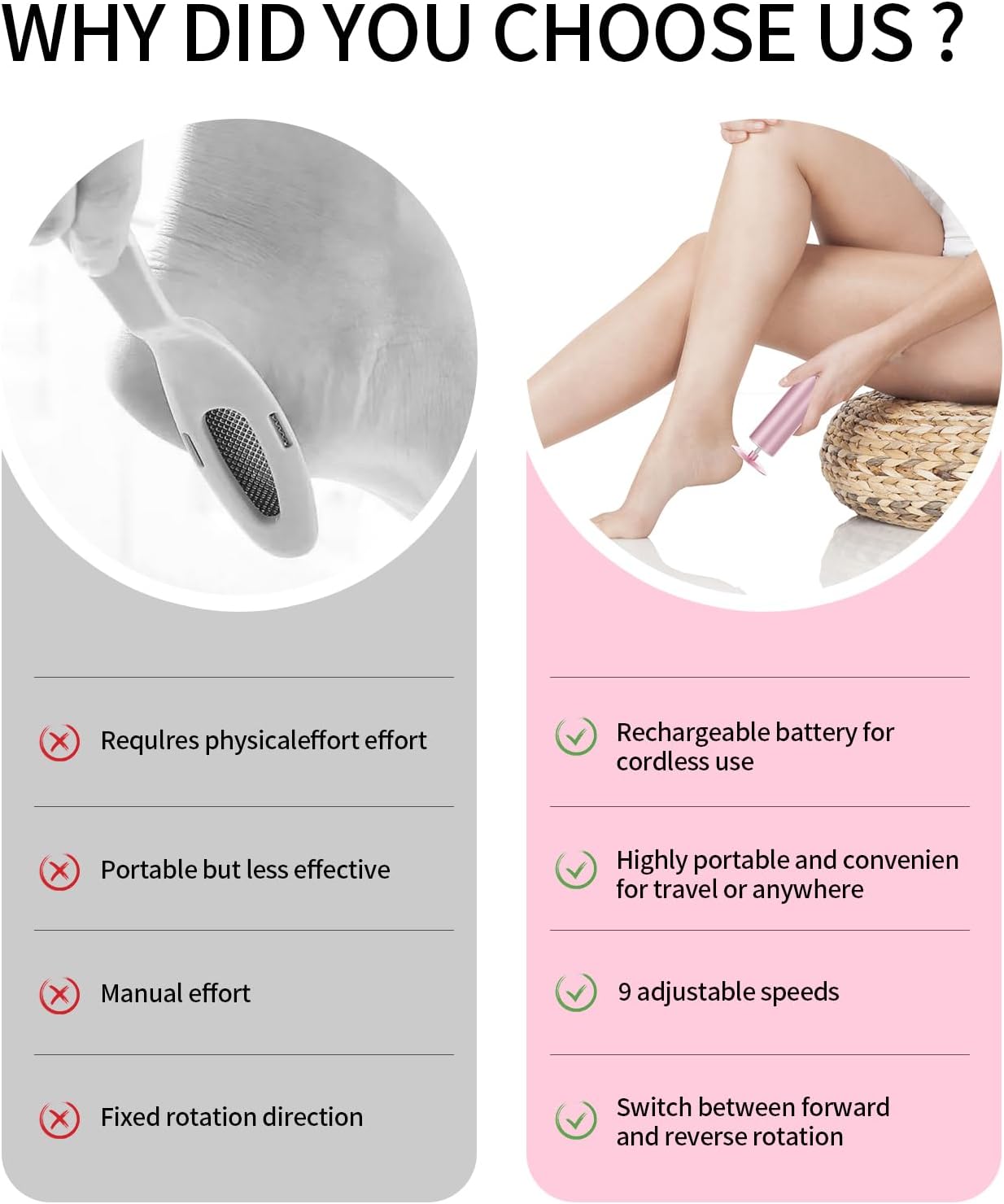 Powerful Electric Foot File & Callus Remover - Over 1-Hour Continuous Use, 360° Rotating Grinder, Foot Drill & Sander, 1200mAh Rechargeable Cordless Pedicure Tool,Foot Grinder(Pink)