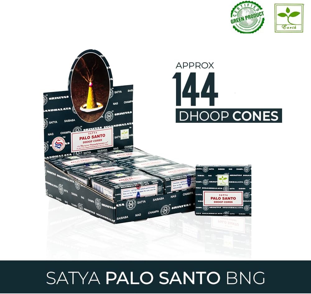 Satya Sai Baba Palo Santo Original Earth Marked Natural Masala Incense 144 Dhoop Cones in Pack of 12 Boxes | Best for Prayer, Meditation and Relaxation