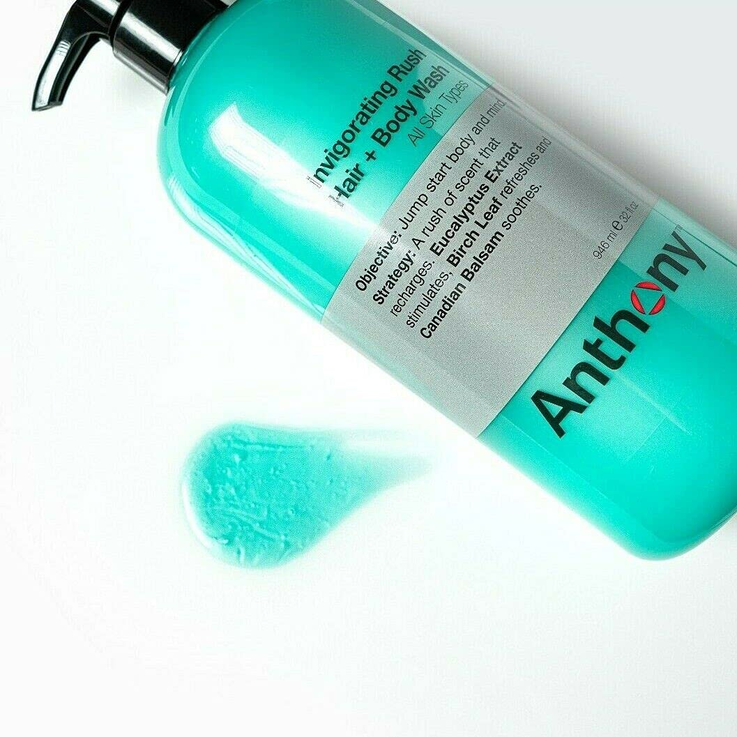 Anthony Mens Body Wash and Shampoo: Invigorating Rush 2-In-1 Liquid Gel Soap & Hair Shampoo, Pine Wood Scent, Hydrating with Eucalyptus, Canadian Balsam, Birch Leaf, Charcoal, Sea Kelp, 32 Fl. Oz