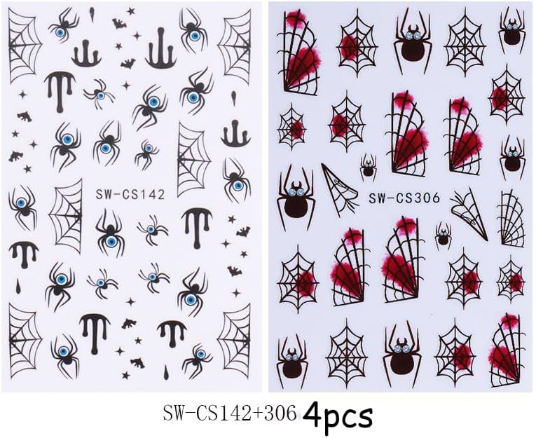 Halloween Nails Stickers Black Spider Nails Sticker 3D Embossed Black Web with Blood Self Adhesive Sticker Nail Decals Red Black Nail Art Decal Halloween Decals for Nail DIY Manicure 4Sheet