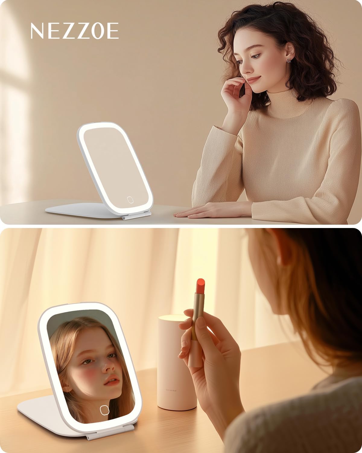 Travel Makeup Mirror, Rechargeable Portable Mirror with Lights, 3 Color Lighting, 7.5 inch Ultra Thin and Lightweight LED Folding Vanity Mirror