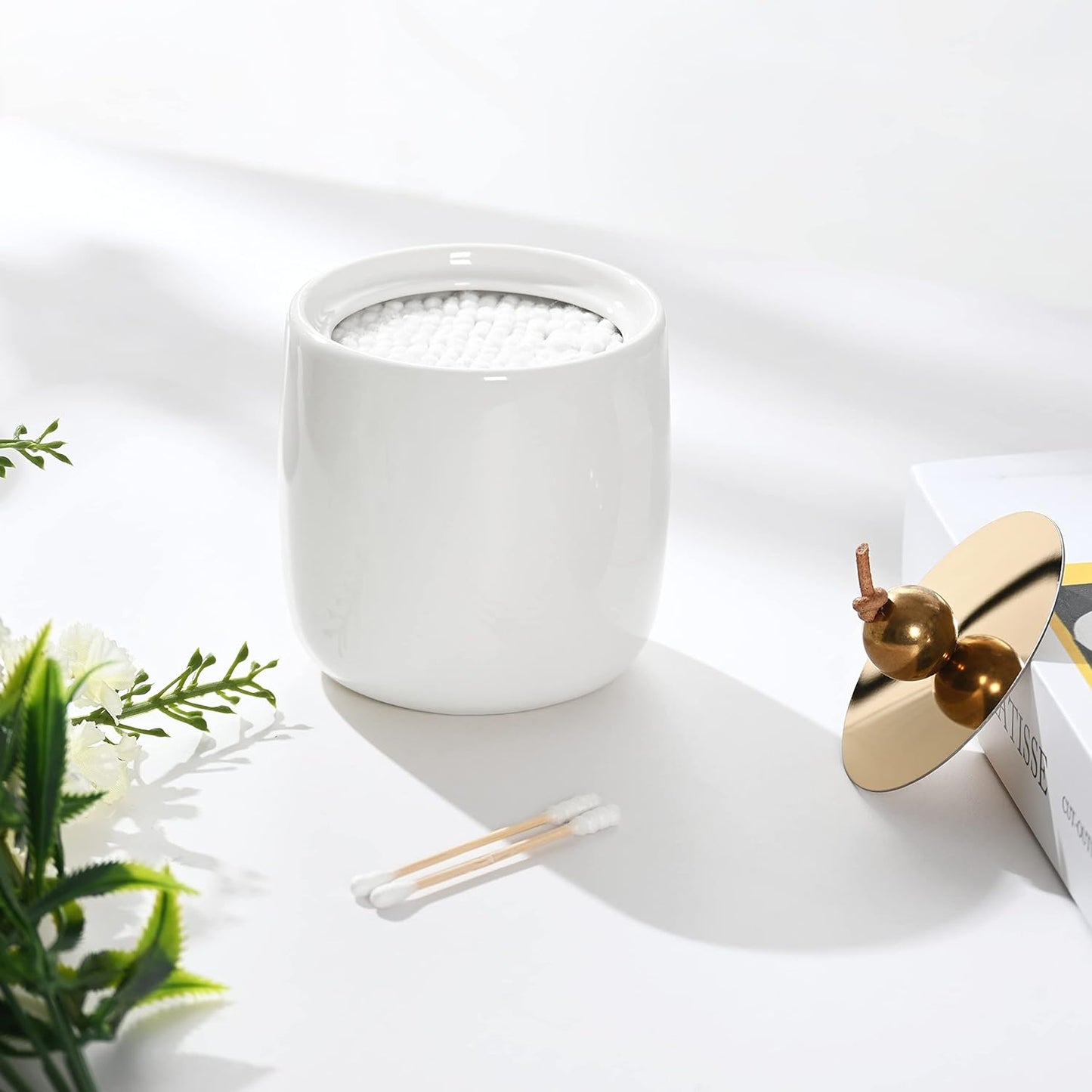 2 Pack Ceramic Qtip Holder Dispenser with Gold Lids, White Apothecary Jars Bathroom Vanity Organizer for Home Decor - Bathroom Canister for Cotton Swabs, Rounds, Balls, Makeup Sponges, Bath Salts