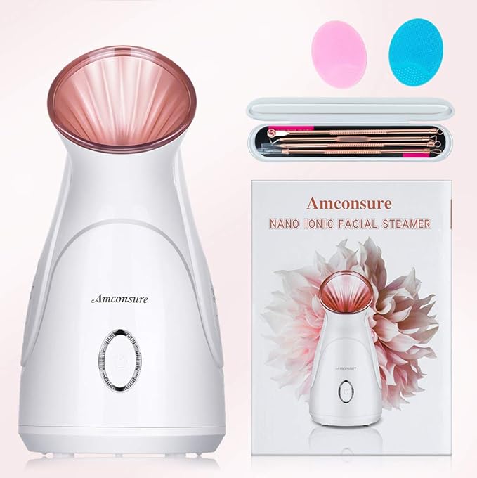 Facial Steamer, Amconsure Nano Ionic Face Steamer for Home, 100ML Warm Mist Humidifier for Women Moisturizing, Unclogs Pores-Bonus Stainless Steel Skin Kit and 2 Face Scrubbers