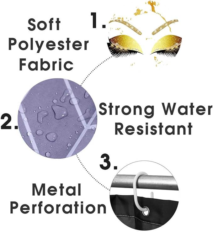 4PCS Hello Gorgeous Unicorn Eyelash Shower Curtain Set with Rugs, Luxury Diamond Gold Glitter Eyebrow Eyeshadow Makeup White Marble Glam Modern Fashion Women Bathroom Decor, Hello Gorgeous