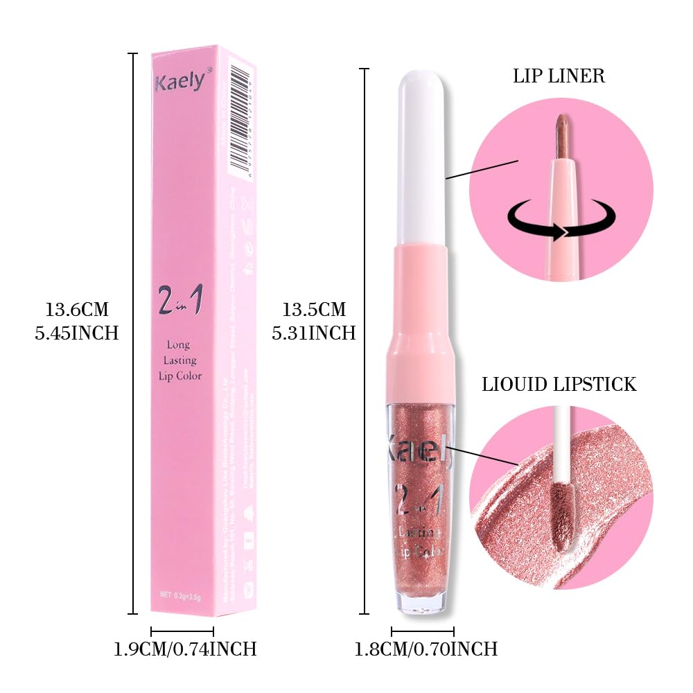 Kaely 2-in-1 Rose Gold Metallic Lipstick and Lip Liner, Shimmer Liquid Metallic Lipsticks for Women, Glitter Lip Gloss Stain Long Lasting Waterproof Smudge Proof 24 Hour, Vegan Makeup, 04