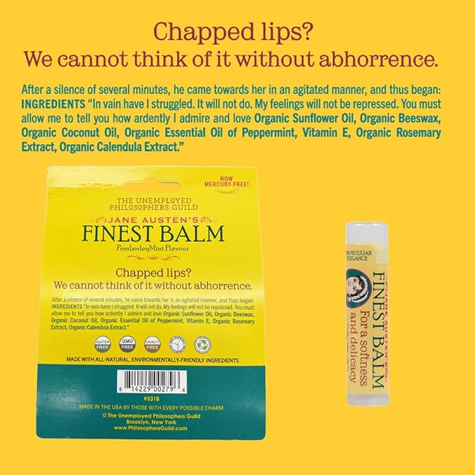 Jane Austen's Finest Balm, Lip Balm Tube, Peppermint Flavored - Cruelty-Free and Made in the USA from Natural and Imported Ingredients