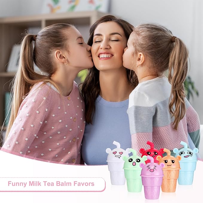 24 Sets Milk Tea Shaped Cute Lip Balm Fruit Flavored Lip Balm with Milk Tea Theme Gift Cards Milk Tea Boba Lover Birthday Baby Shower Party Inspirational Gifts Favors for Girls Kids Women