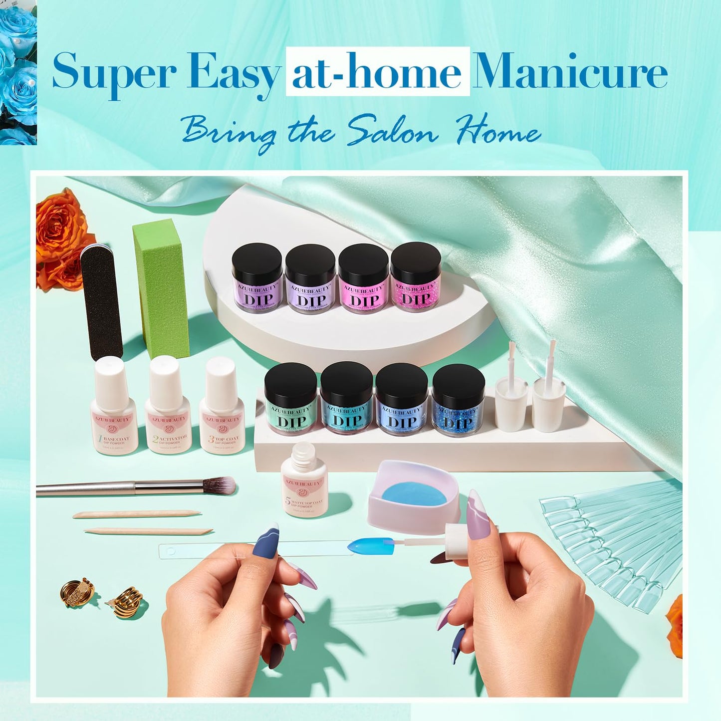 AZUREBEAUTY Dip Nail Powder Starter Kit with Matte Coat, 8 Colors Hot Pink Blue Purple Glitter Spring Dipping Powder Liquid Set with Base/Top Coat Activator 10 Nail Sticks for French Manicure