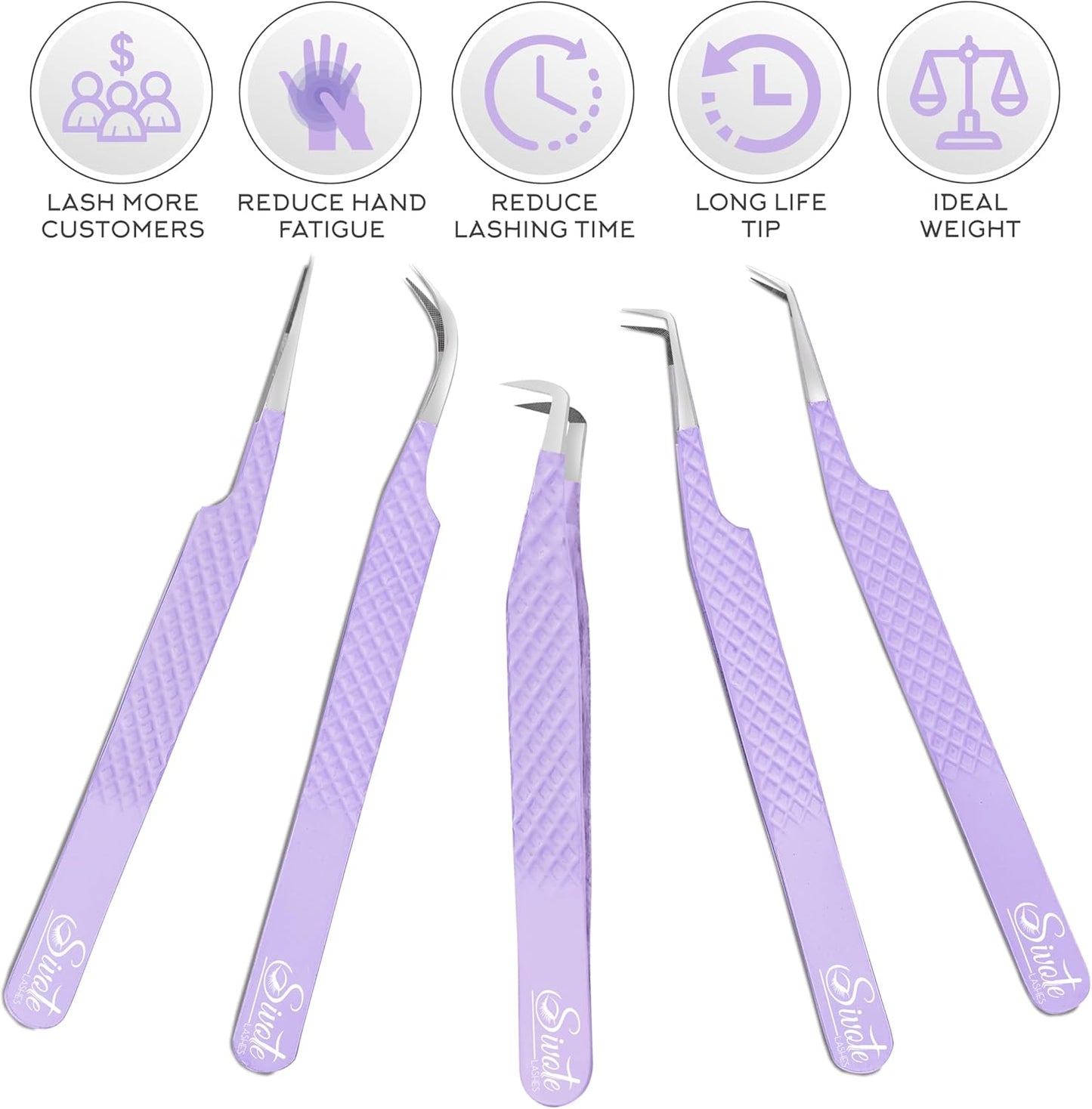 SIVOTE Lash Tweezers for Eyelash Extensions, Pack of 5 Purple – Lash Extension Tweezers Set with Diamond Grip, Precision Fiber Tip for Volume Eyelash Extensions