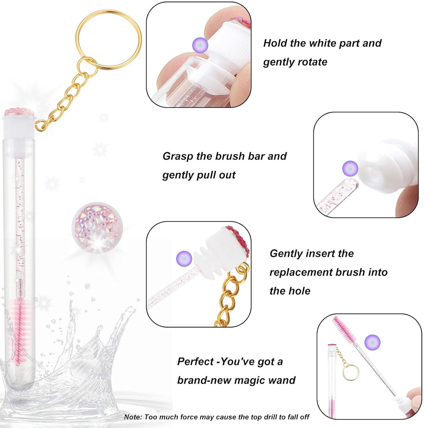 Upgrade 48 Pieces Disposable Mascara Wands Set,Extremely Durable Diamond Mascara for Women and Girls- Include 24 Pcs Crystal Lash Spoolies Brush and 24 Pcs Reusable Keychain Empty Eyelash Brush Tubes