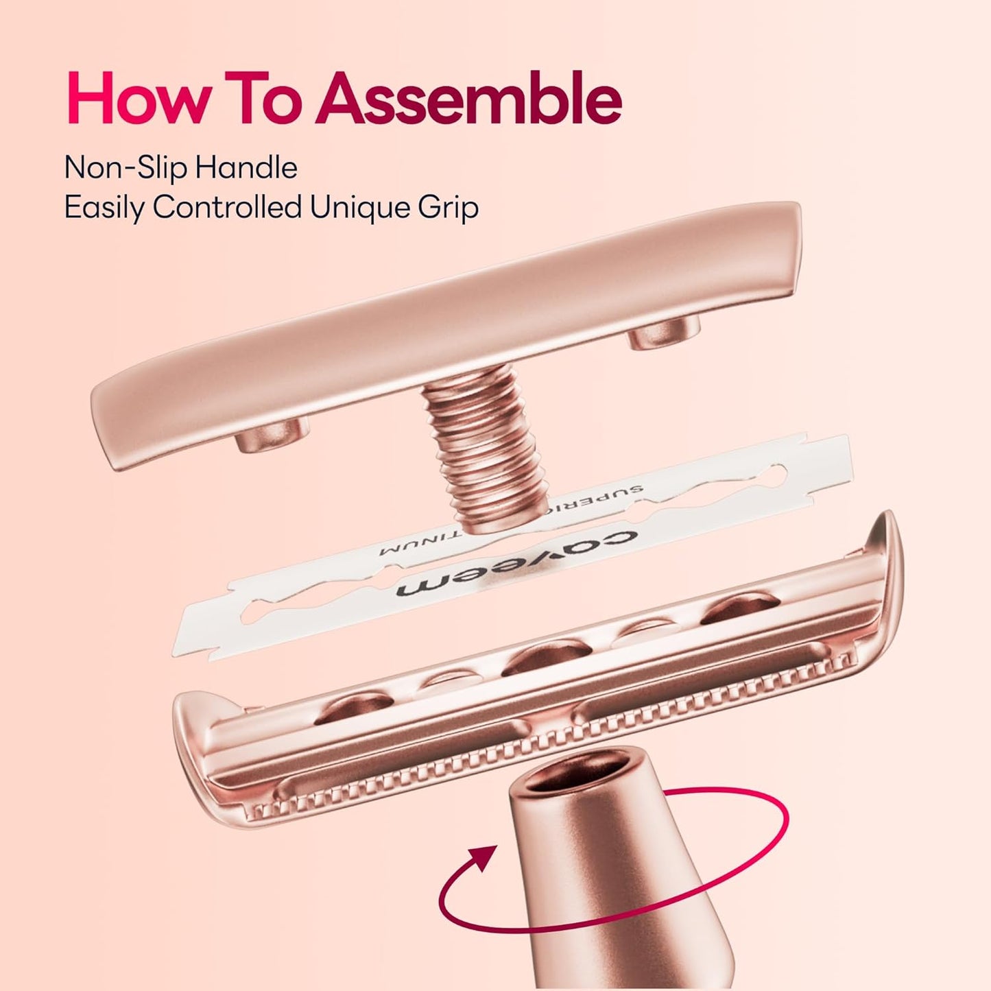 Rose Gold Double-Edge Safety Razor, Single-Blade Razors with 5 Stainless Steel Blades, Reusable Metal Razor for Men and Women