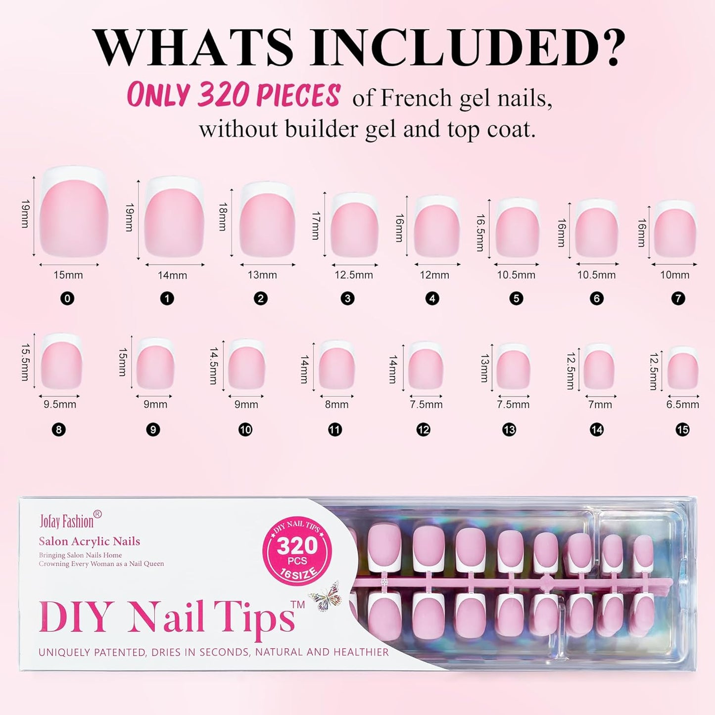 French Gel Nail Tips - Jofay Fashion French Tip Press on Nails, 10-Piece Set 320Pcs Short Square Nail Tips, Pre-applied Tip Primer & Base Coat, No Need to File Fake Nails for Nail Extension, 16 Sizes