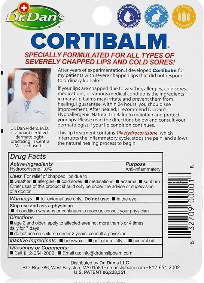 Dr. Dan's Cortibalm - 2 Pack - for Dry Cracked Lips - Healing Lip Balm for Severely Chapped Lips - Designed for Men, Women and Children