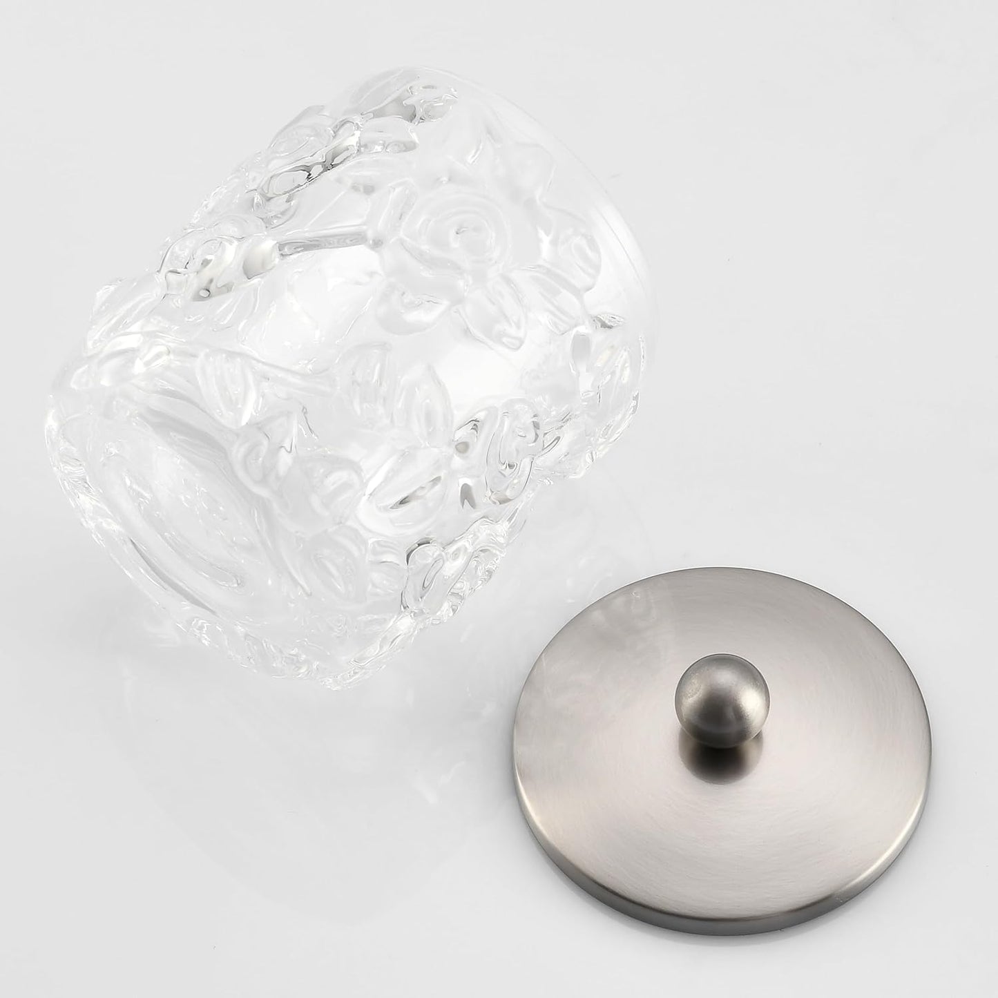 Home Glass Cotton Jar Holder Nickel Lid, Elegant Bathroom Storage Canister for Qtips, Cotton Balls, Floss, Makeup Organizer, Vanity Bathroom Organization (UPDATED NICKEL)