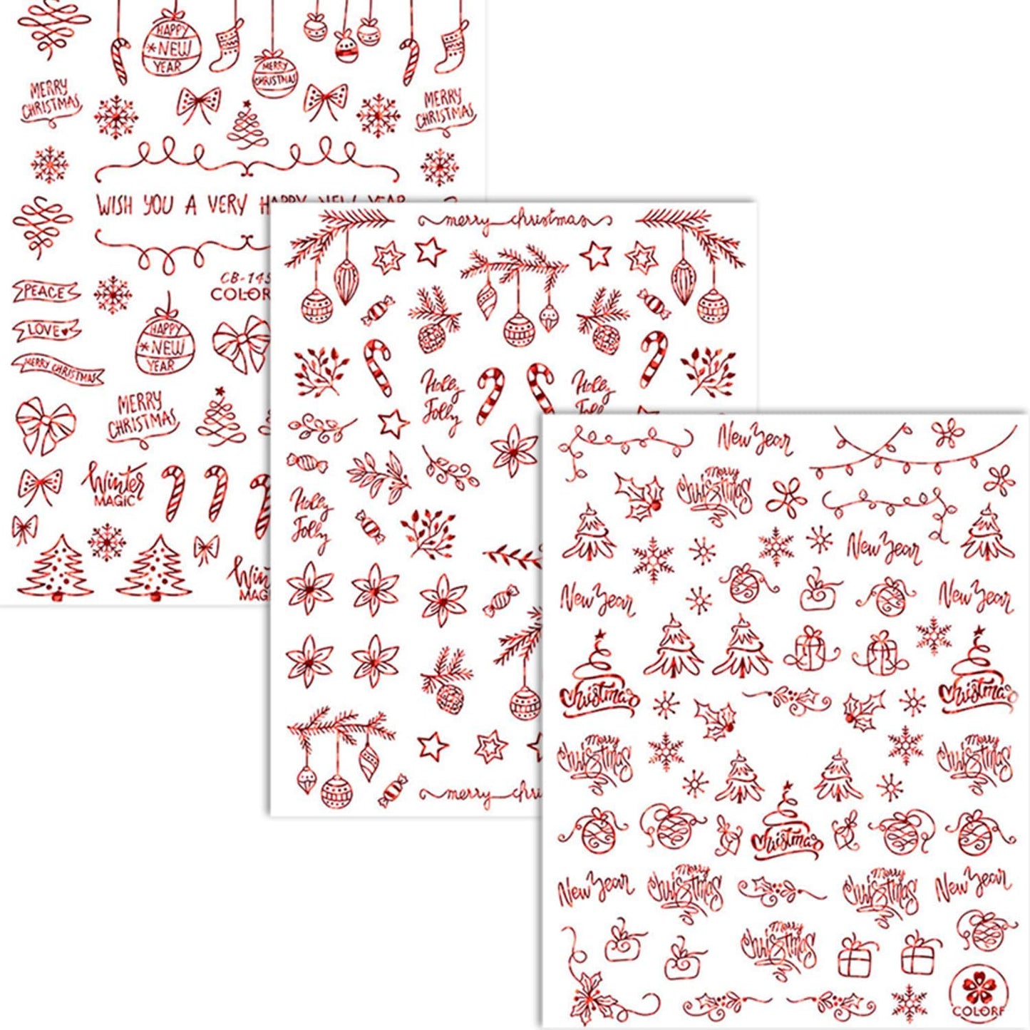 HNUIX Nail Stickers - 3D Christmas, Self Adhesive Nail Decals, Multi Pattern, Red, 9 Sheets, for Nail Art