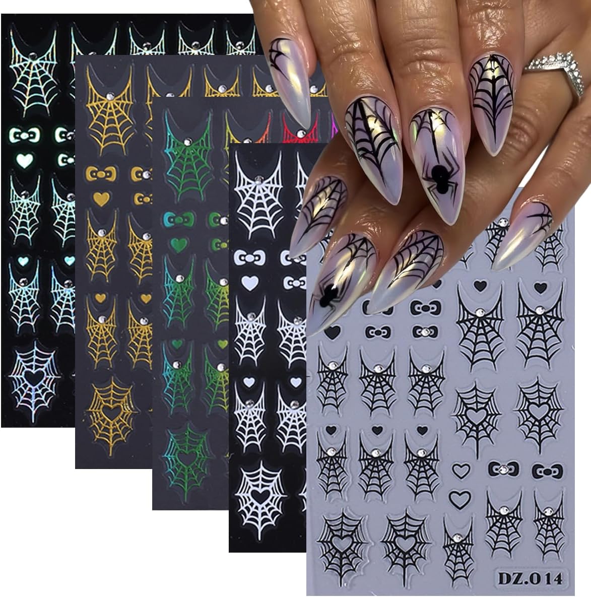 5D Halloween Heart Spider Web Nail Art Stickers - White, Black, Rainbow, Gold, Laser Silver Nail Decals with Rhinestone Accents, Self-Adhesive Nail Adhesive Sliders for Women Art Decorations 5 Sheets