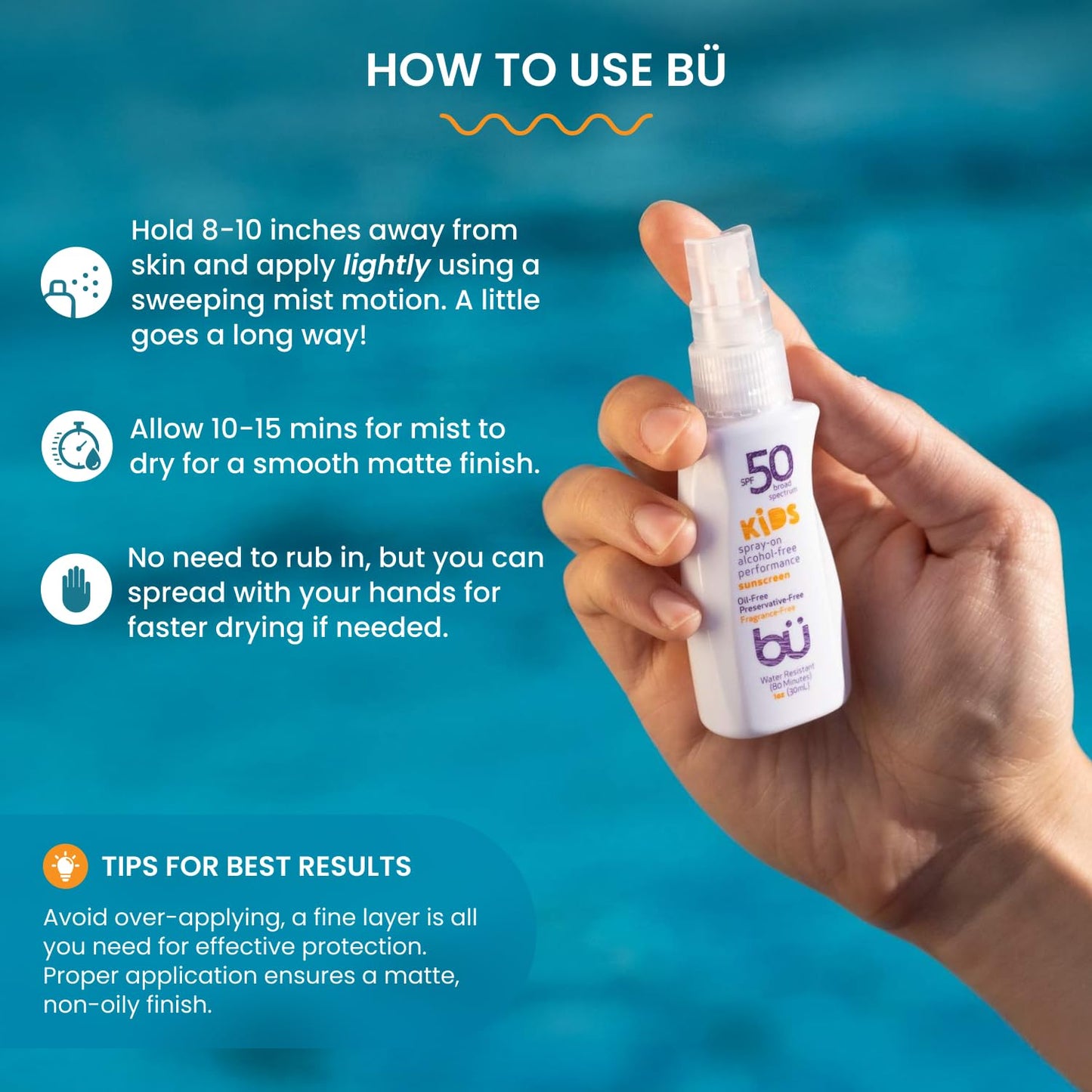 BU SPF 50 Kids Sunscreen Spray for Face and Body, Non Aerosol Spray, Fragrance Free, Clear, Non Greasy, Water Resistant, Fragrance Free 1 oz (3 Pack)