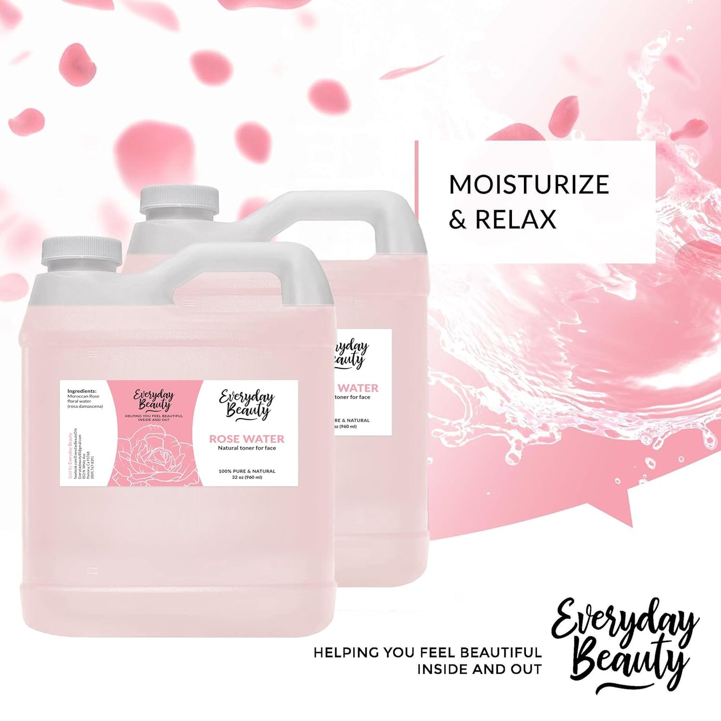 Rose Water Facial Toner Bulk - 64oz Alcohol-Free Vegan All Natural Refreshing Spray Mist for Face and Hair - Uplifts, Calming & Soothing for All Skin Types