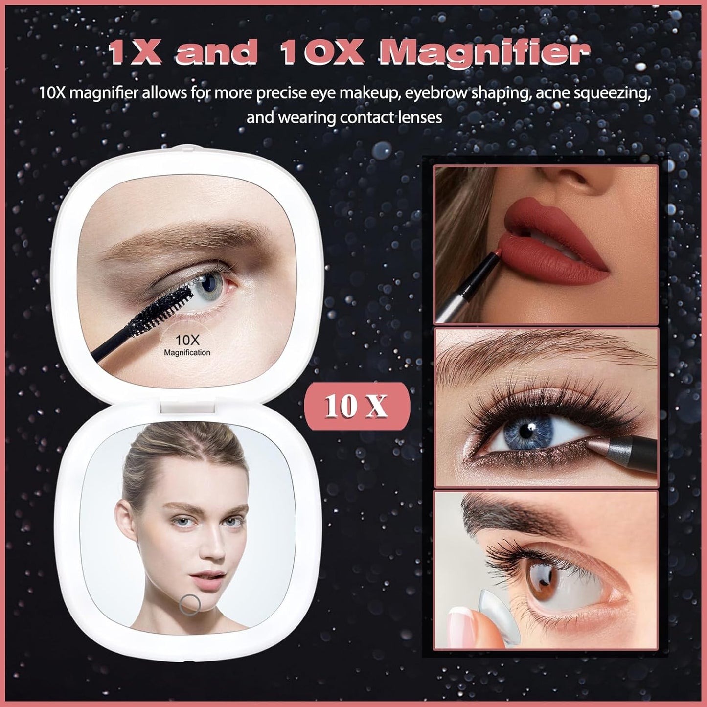 Portable LED Makeup Mirror - Compact Travel Mirror with Light, 10X Magnification, Adjustable Brightness, Rechargeable, for Her, Travel Accessories for Women, Ideal for Purse