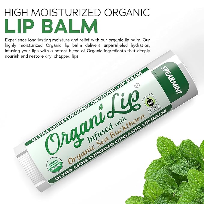 Organic Lip Balm, Spearmint Flavor, Ultra Hydrating Lip Moisturizer for Cracked or Dry Lips, Infused With Organic Sea Buckthorn, Oval Shaped Tube, USDA Certified Organic, 30 Pack