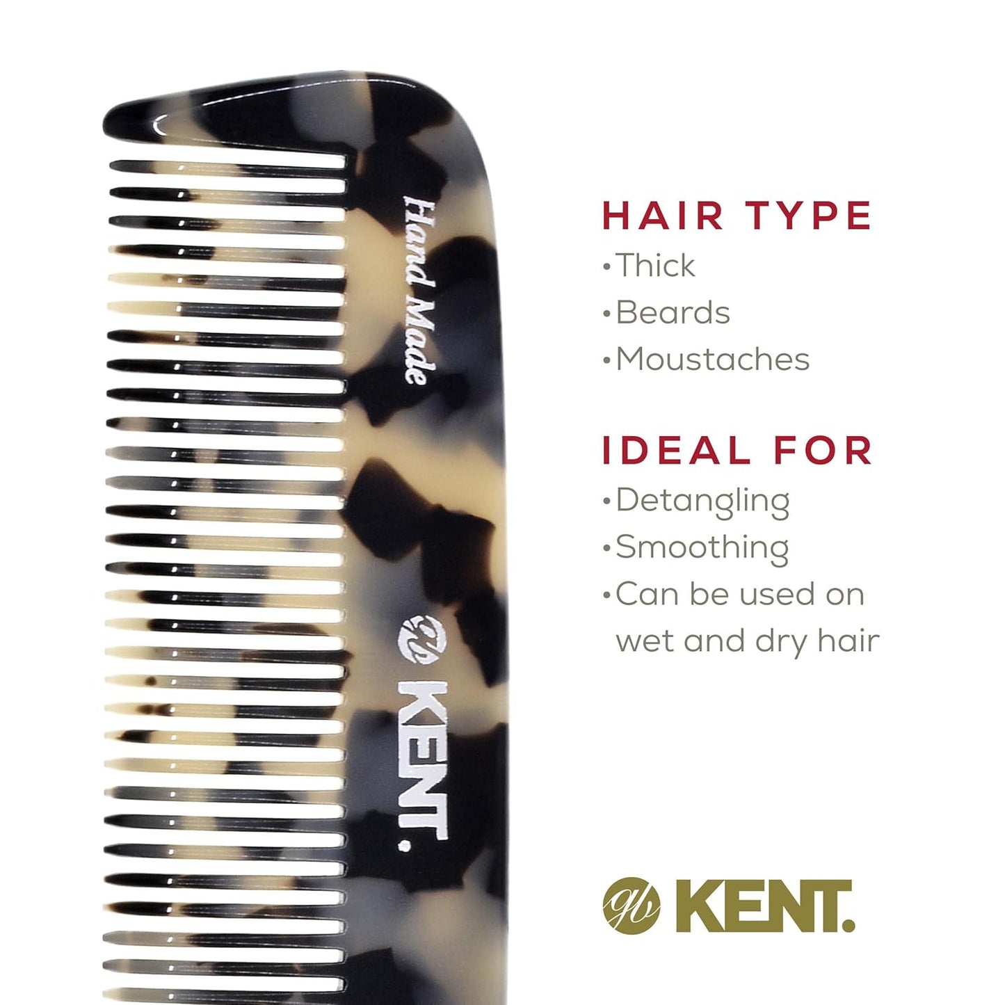 Kent 12T TW Wide Tooth Detangling Comb - Handmade Pocket Comb for Thick, Curly, and Wavy Hair Grooming - Large Tooth Detangler for Hair, Beard, and Mustache