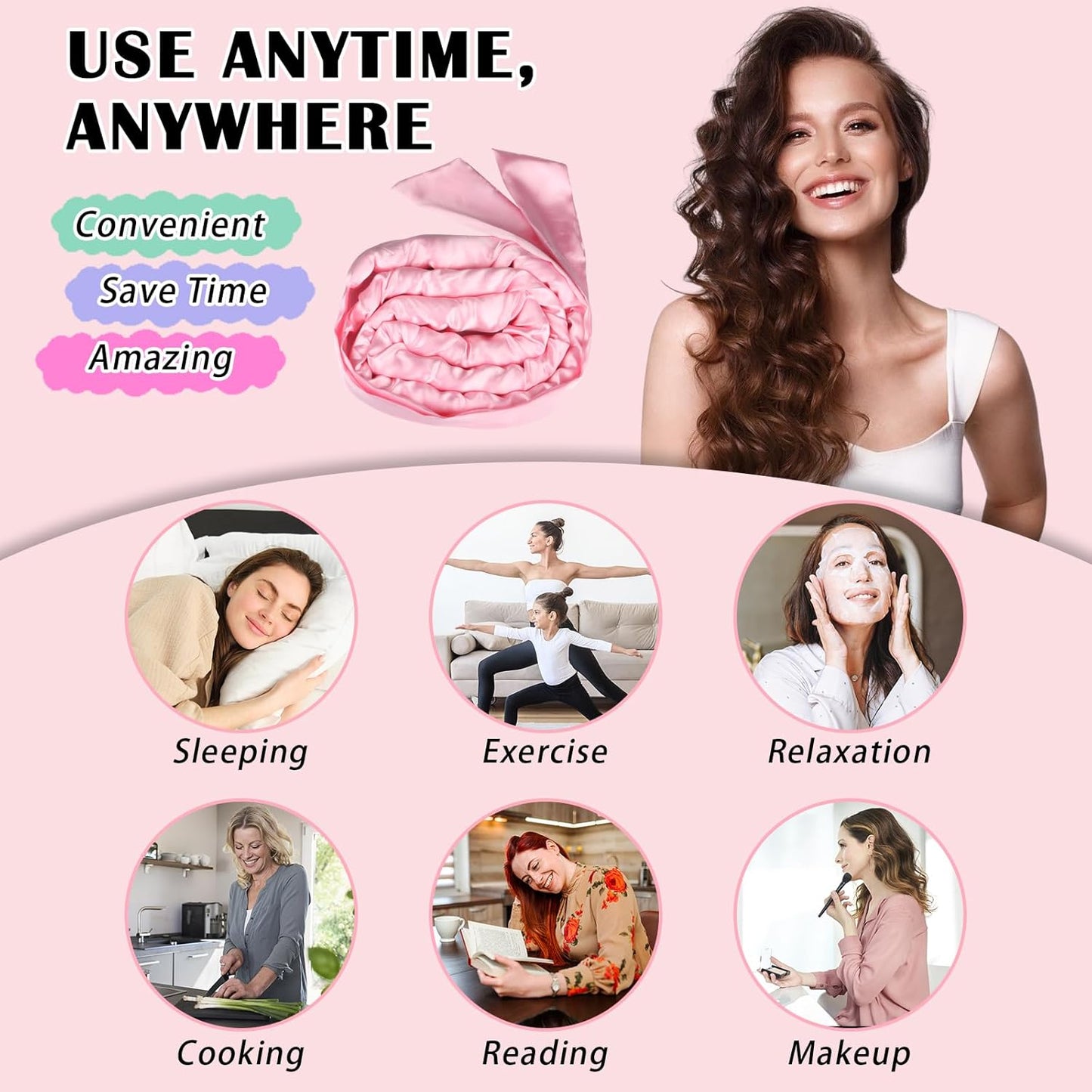 Satin Heatless Curls Overnight Hair Curlers to Sleep In Hair Curler Rollers No Heat Hair Wrap for Curls Headband, 70" Satin Heatless Curling Rod Set for Women Long Waves Hair Volume -Pink 9PCS