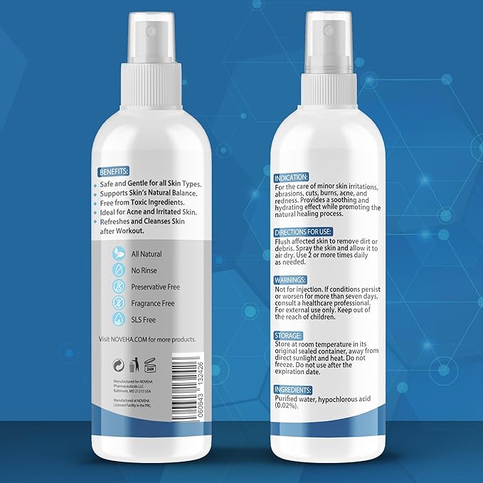 NOVEHA Facial Cleanser For Acne - Hypochlorous Acid Spray - Irritation, Redness & Breakouts Relief - Ideal for Active Teenage & Adult Athletes Post-Workout - Safe for Multiple Daily Uses - 8 oz
