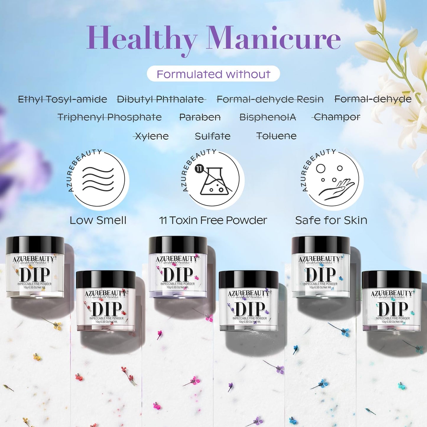 AZUREBEAUTY Dip Powder Nail Transparent Crystal Dried Flower Set, Blue Green Purple Pink Yellow 6 Colors Natural Real Clear Dipping Powder Starter Kit Nail Art Manicure Salon, No Need Nail Lamp Cured