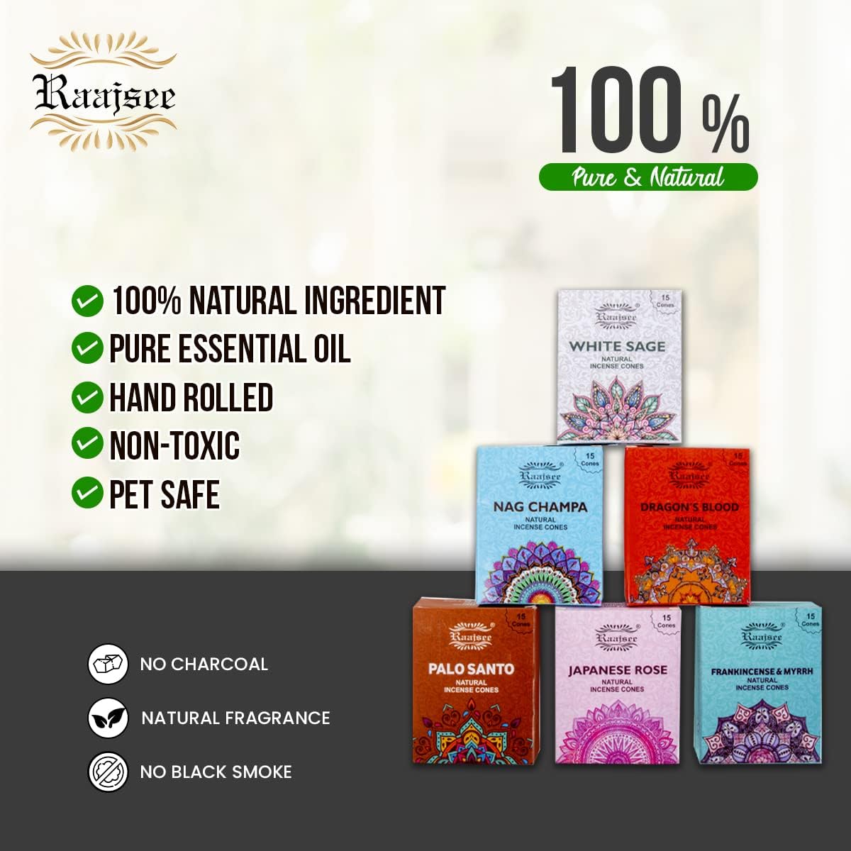 Raajsee Natural Incense Cones,6 Pack Mixed Scents Gift Pack 15 pc Each (90 Total), Insense Cones Variety Pack, 100% Organic Non Toxic Natural - Hand Rolled Free from Chemicals (Pack 2)