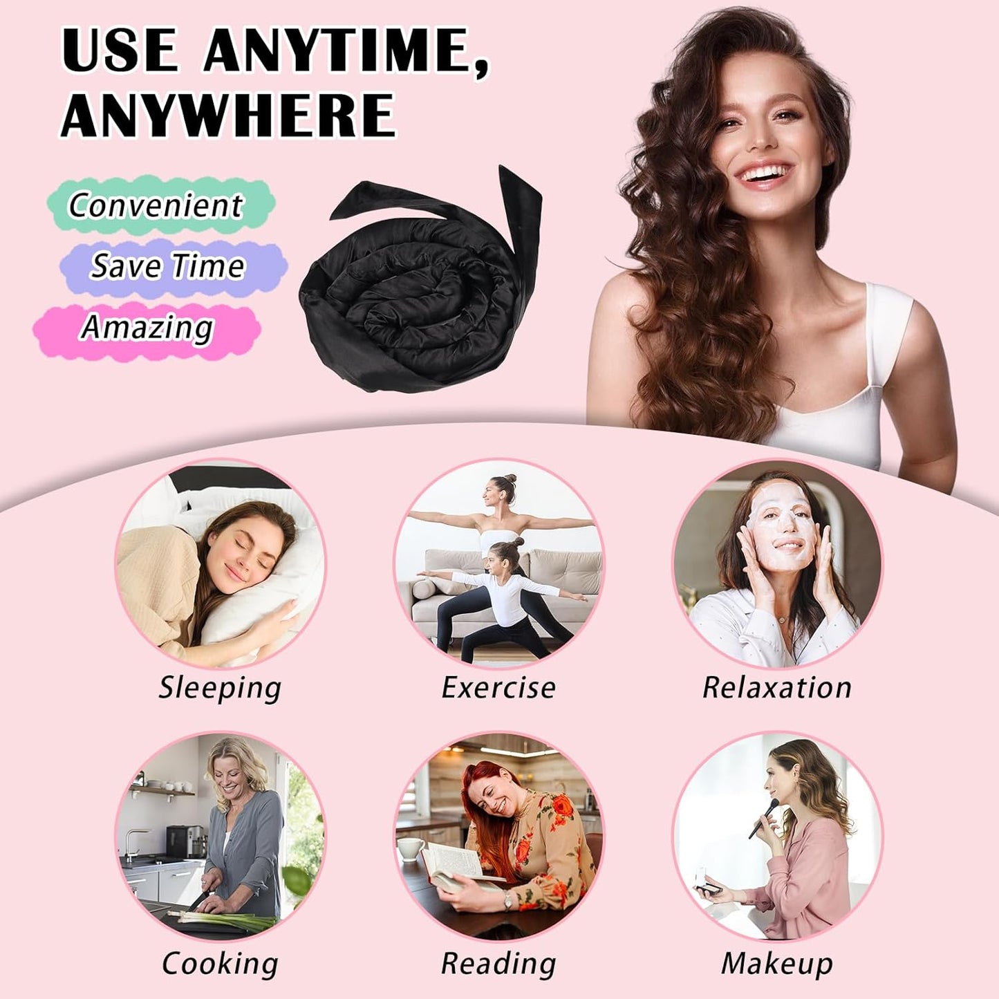 Satin Heatless Curls Overnight Hair Curlers to Sleep In Hair Curler Rollers No Heat Hair Wrap for Curls Headband, 70" Satin Heatless Curling Rod Set for Women Long Waves Hair Volume -Black 9PCS