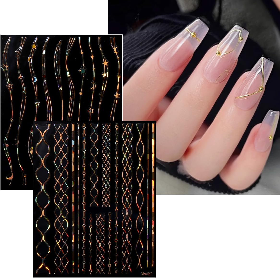 JMEOWIO 9 Sheets Marble Line Nail Art Stickers Decals Self-Adhesive Gold Nail Supplies Nail Art Design Decoration Accessories