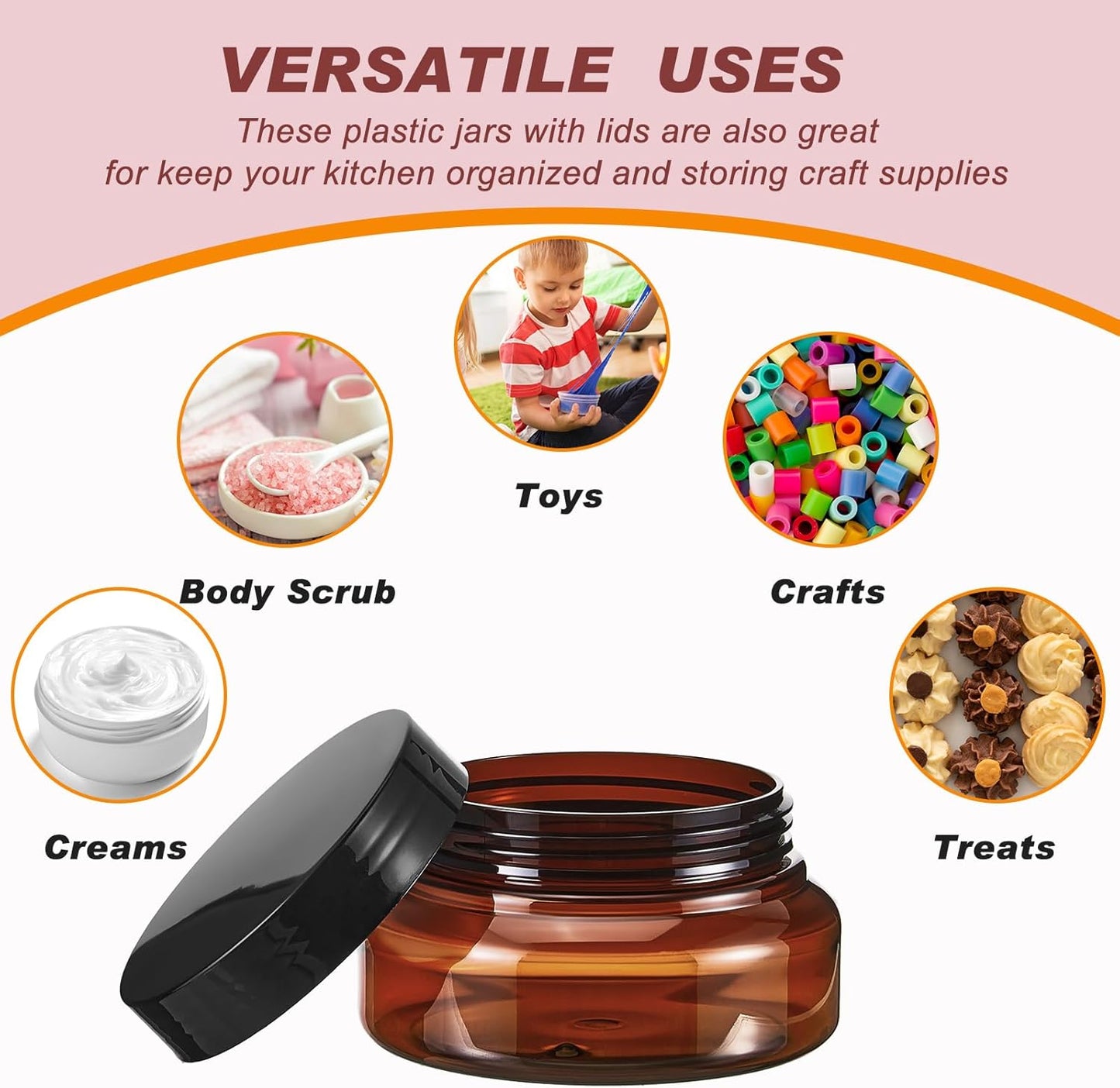 Tessco 48 Pcs Plastic Jars with Lids and Labels Body Scrub Jars Round Refillable Cosmetic Containers Empty Butter Travel Containers for Sugar Scrub Lotions Cosmetics Cream(5 oz,Brown)