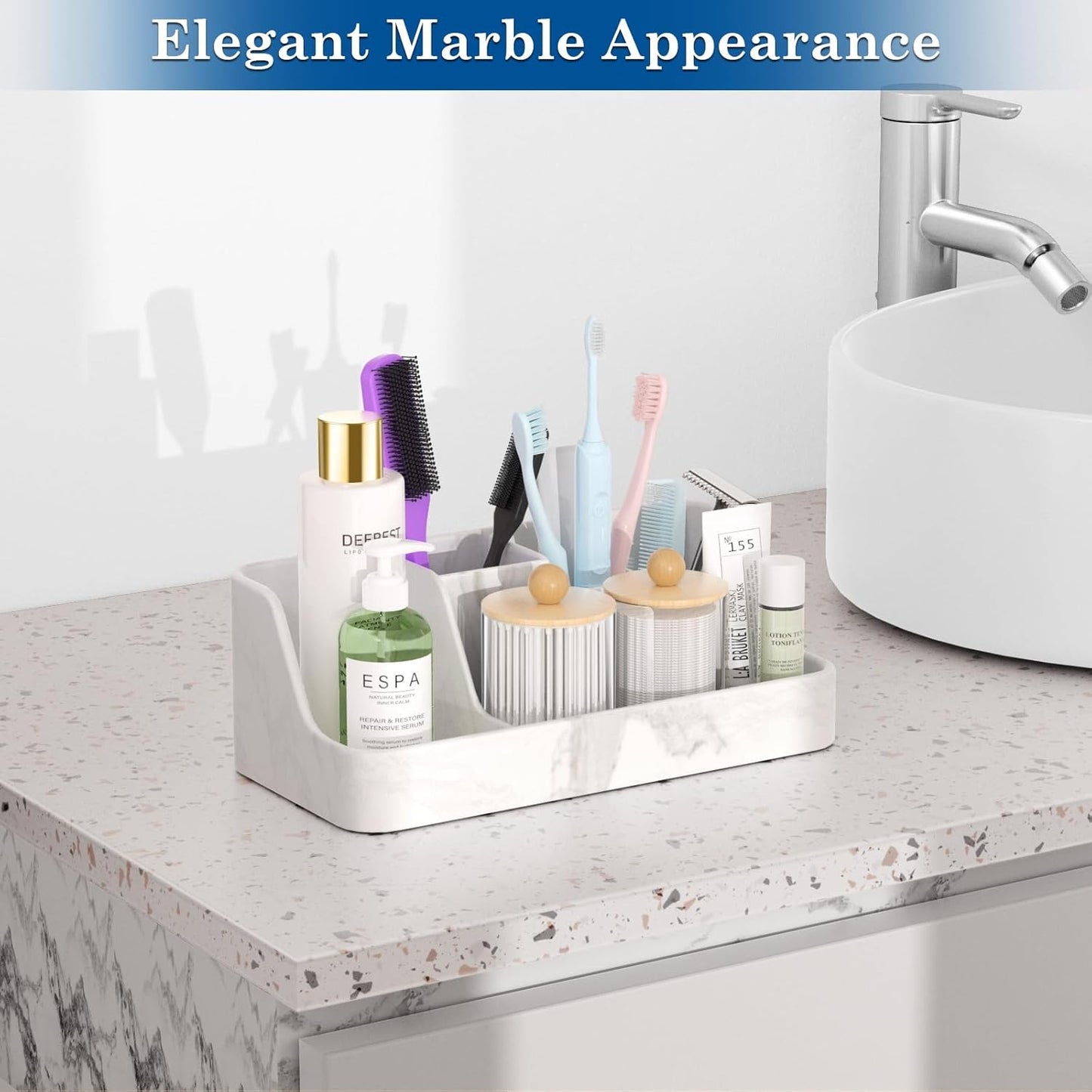 Marble Bathroom Countertop Organizer - Silicone Bathroom Vanity Countertop Organizer - Tooth Brush Organizer With 2PCS Qtip Holder Dispenser - Toothpaste Holder Drainage - Bathroom Essentials