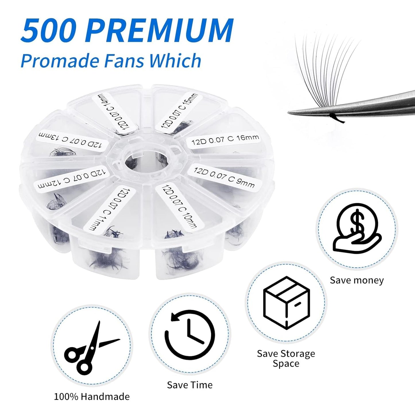 Pre-made Fans Eyelash Extension 500+6D Loose Volume Fans C Curl Premade Volume Fans 9-16mm