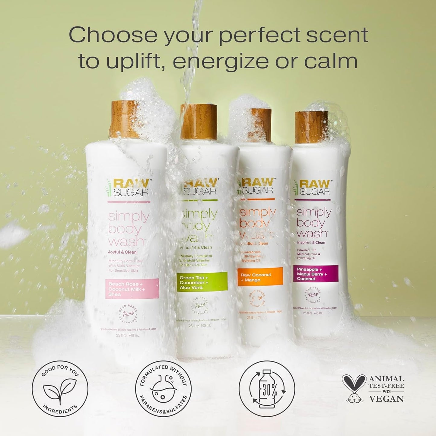 RAW SUGAR Simply Body Wash, (25 Fl Oz, Pack of 1) Bath Soap, Formulated without Sulfates & Parabens (Raw Coconut + Mango)