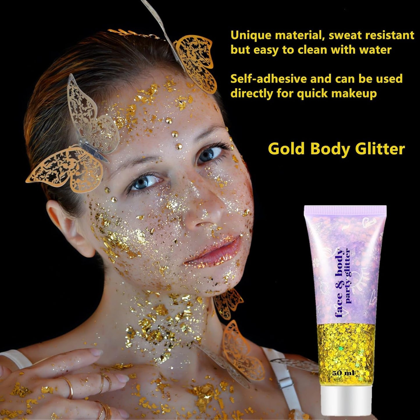 Go Ho White Silver and Gold Face Body Glitter Gel,Holographic Long Lasting Chunky Sequins Glitter Makeup for Singer Concerts,Parties,Performances,Stages,Festival Rave Accessories