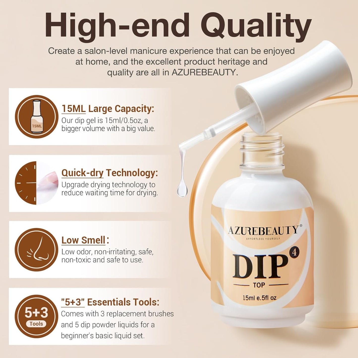 AZUREBEAUTY 5 Pcs Dip Powder Liquid Set - 15ml/0.5oz Large Capacity Dip Base Coat, Top Coat, Bond, Activator, Brush Saver for Dip Nail Kit Salon Home No Nail Lamp Needed