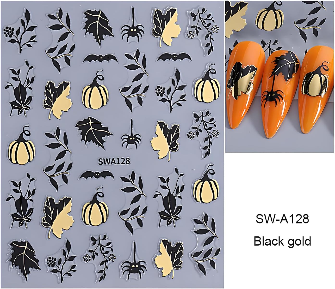 Halloween Nail Art Stickers, Glitter Pumpkin Ghost Nail Art Decals 3D Self-Adhesive Whit Gold Heart Spider Web Bat Black Leaf Nail Design 8Pcs Halloween Nail Art Supplies for Women Nail Decoration