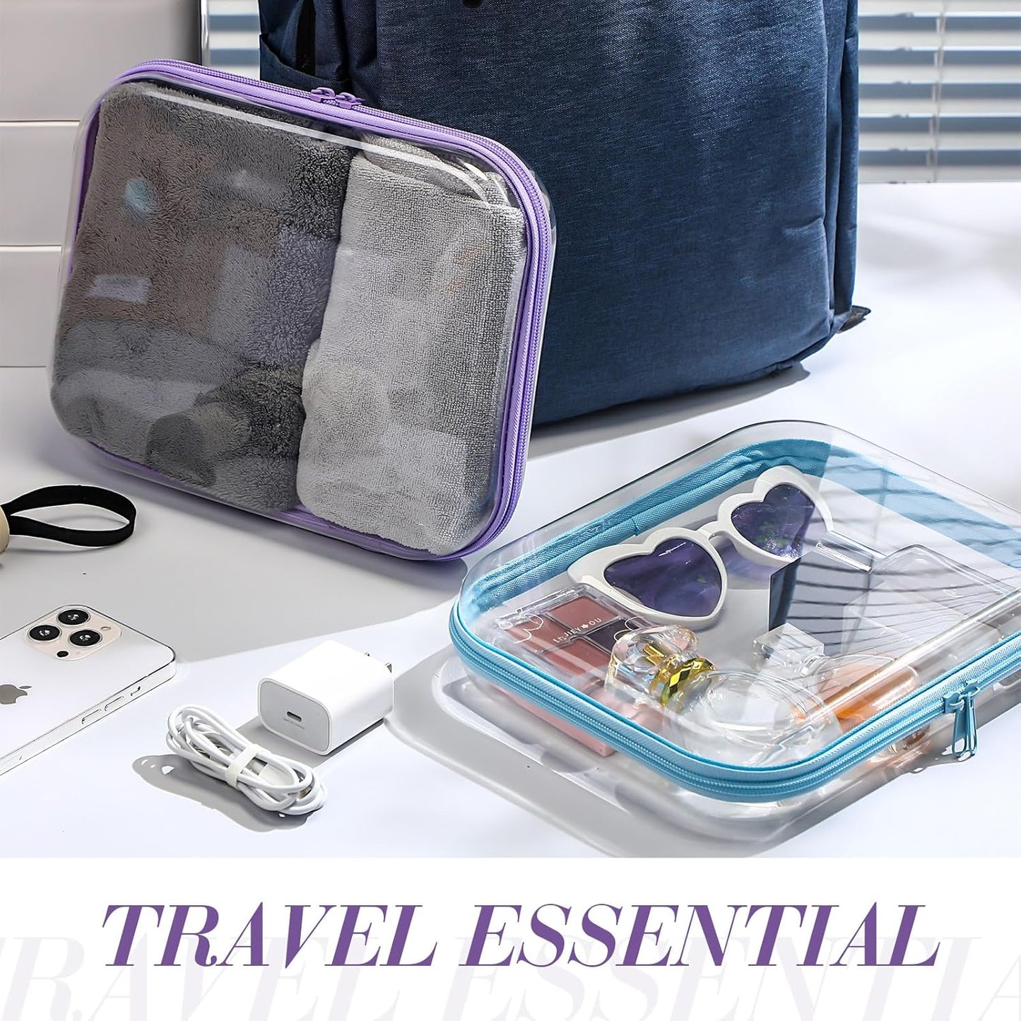 Hoolerry 4 Pcs Hard Clear Zipper Case Makeup Bags Plastic Pencil Pouch Transparent Storage Box Containers for Cosmetics, Snacks, Building Blocks, Puzzles(Multicolor,9.8 x 7.9 x 2 in)