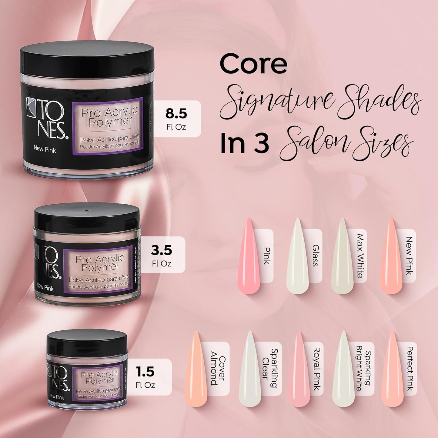 Tones Pro Acrylic Nail Powder, New Pink (Fresh Peach-Toned Pink), (1.5 Fl Oz) - Long-Lasting & Non-Yellowing Polymer for Salon Quality Nail Extensions & 3D Art