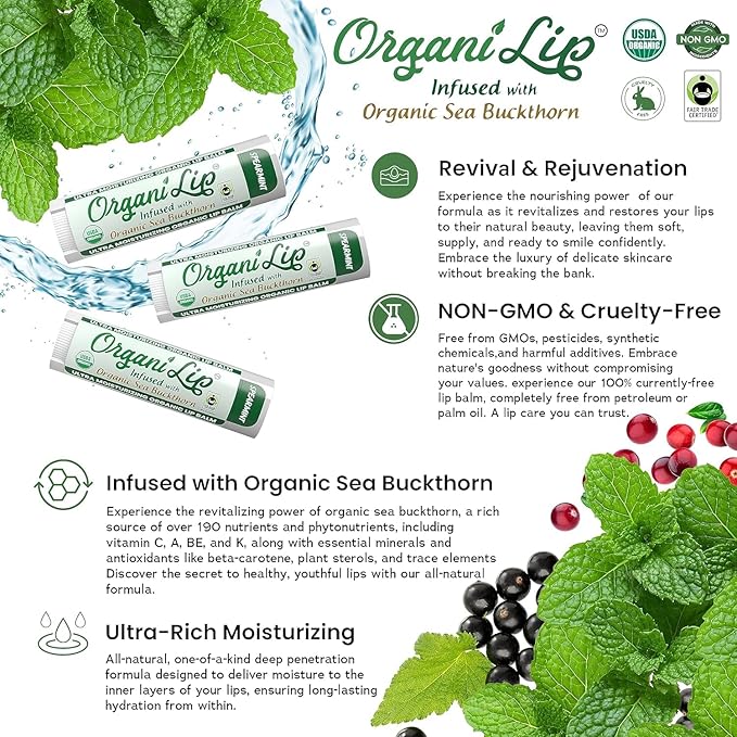 Organic Lip Balm, Spearmint Flavor, Ultra Hydrating Lip Moisturizer for Cracked or Dry Lips, Infused With Organic Sea Buckthorn, Oval Shaped Tube, USDA Certified Organic, 1 Pack