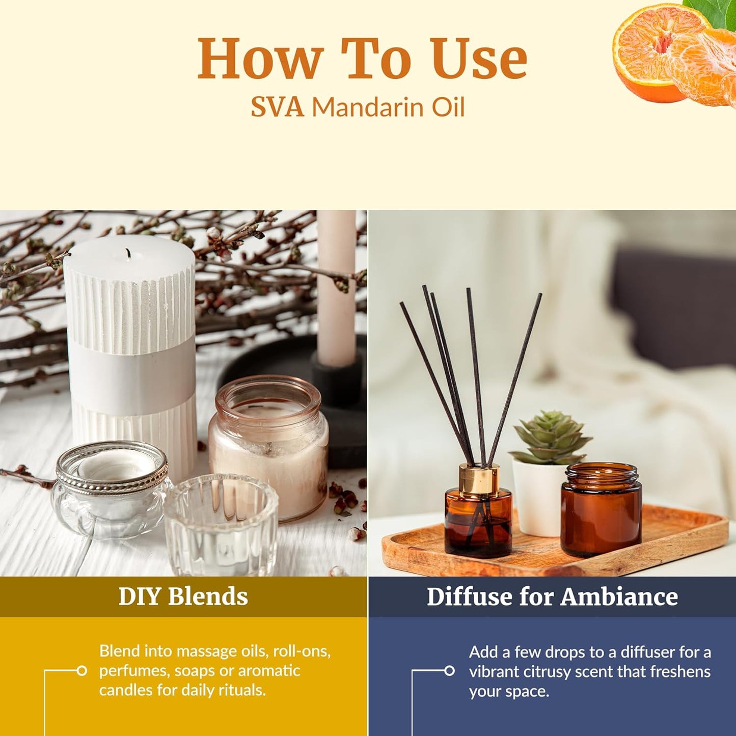 SVA Mandarin Essential Oil – 4 Fl Oz – 100% Natural Mandarin Oil - for Diffuser, Hair Care, Face, Skin Care, Aromatherapy, Scalp and Body Massage, Soap and Candle Making – with Dropper