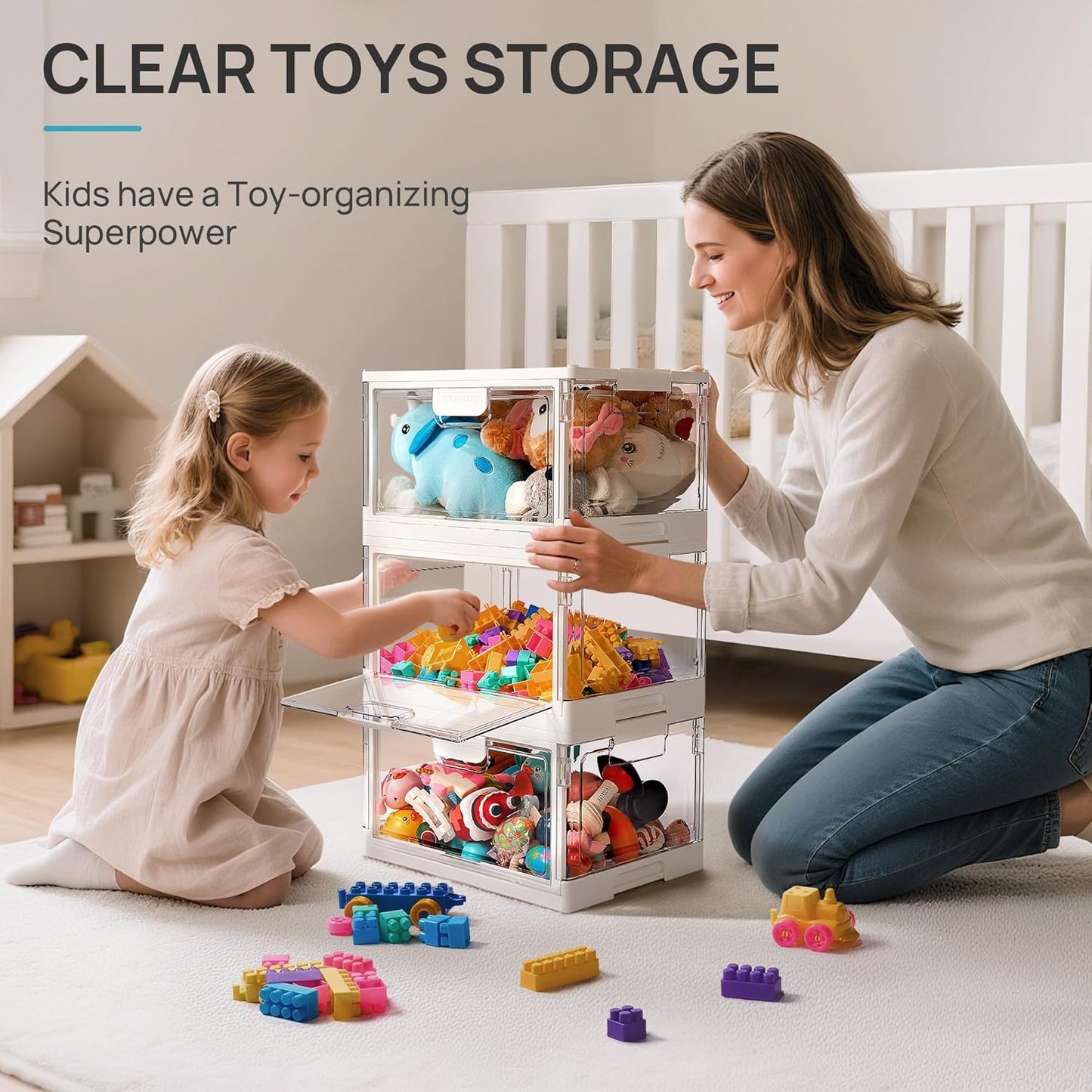 Vtopmart 1 Pack Stackable Storage Bin with Lid,24QT Clear Foldable Closet Organizer with Front-Open Doors,Plastic Storage Containers for Living Room, Bedroom, Craft Room, Dorm Organization