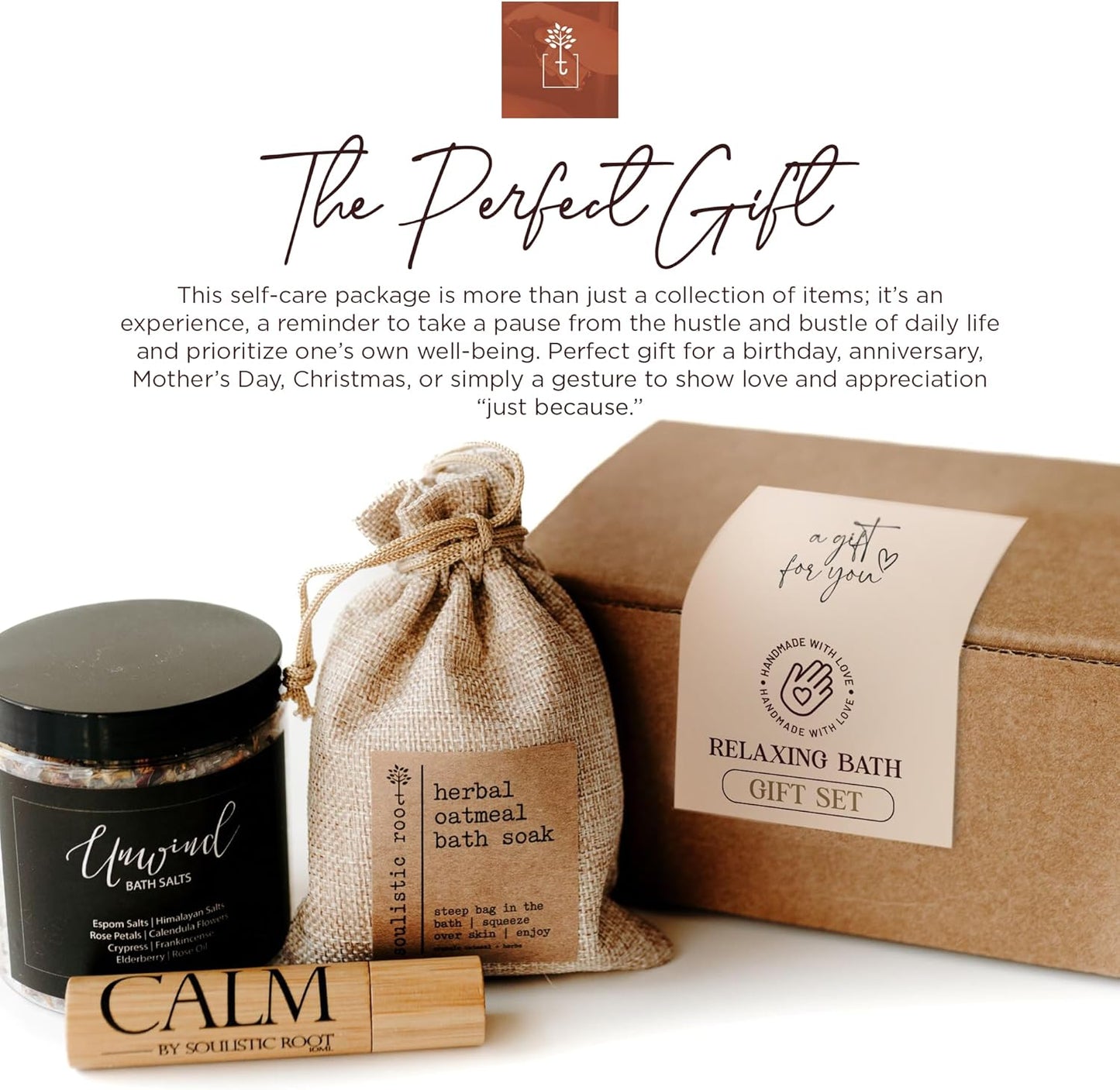 Relaxing Bath Gift Set, Luxury Spa Gifts for Women, Self Care Products for Women and Men, Calm Essential Oil Roller, Oatmeal Lavender Bath Soak & Epsom Salts with Essential Oils