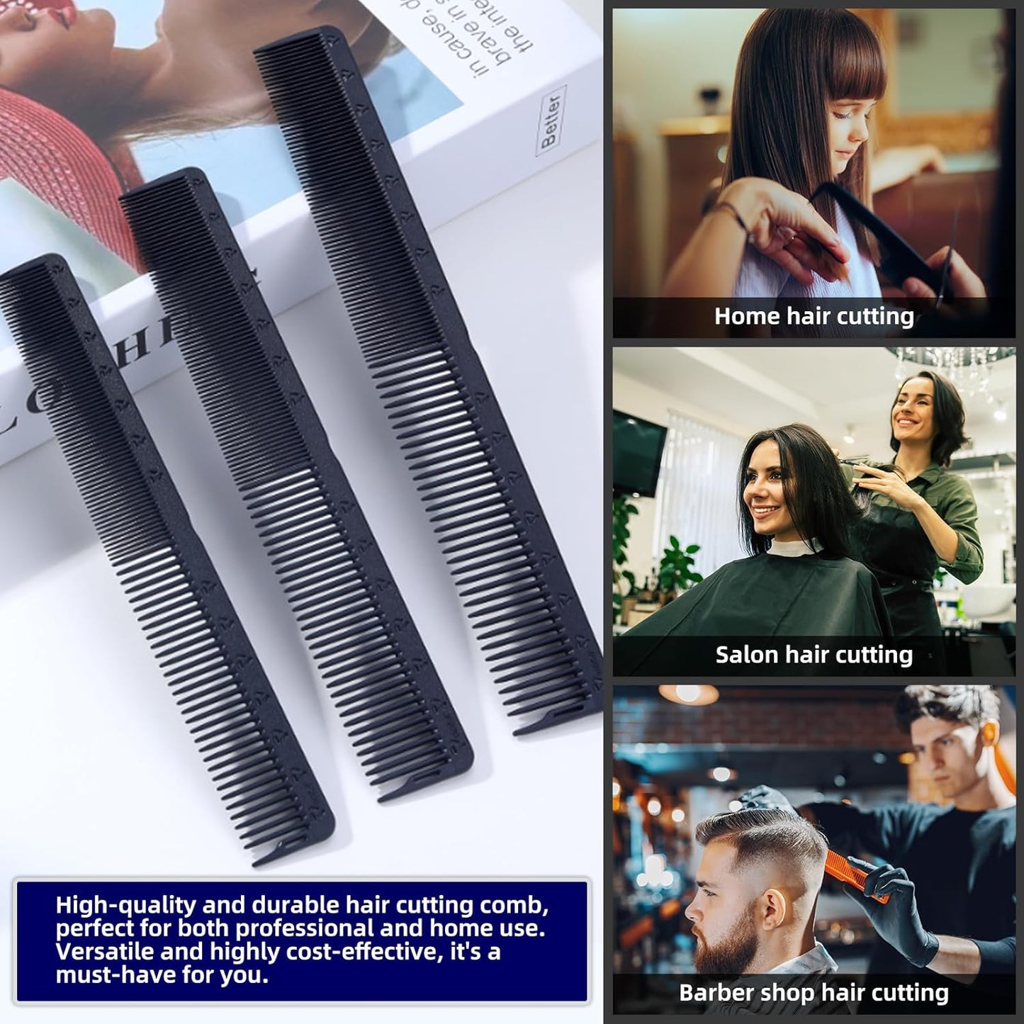 PERFEHAIR 2-Pack Professional Round Tooth Hair Cutting Comb - 7 Inch, Black Carbon Fiber Anti-Static & Heat Resistant, Durable Barber Combs with Fine & Wide Tooth for Precise Haircut for Men & Women