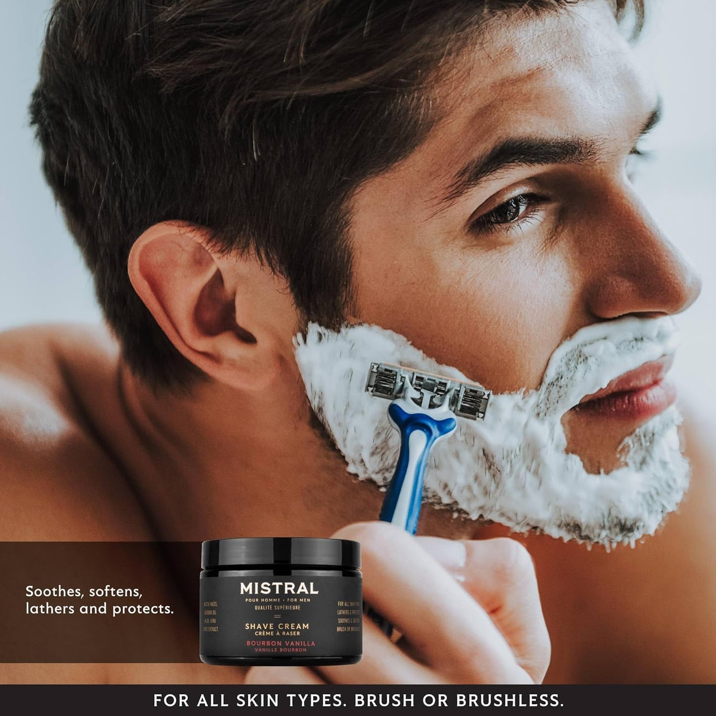 Mistral Bourbon Vanilla Shaving Cream for Men | Smooth Triple Layered Foam | Men’s Shave Cream with Organic Plant Extracts | pH-balanced, Phthalates & Paraben-Free | Made in USA. 9oz Tub