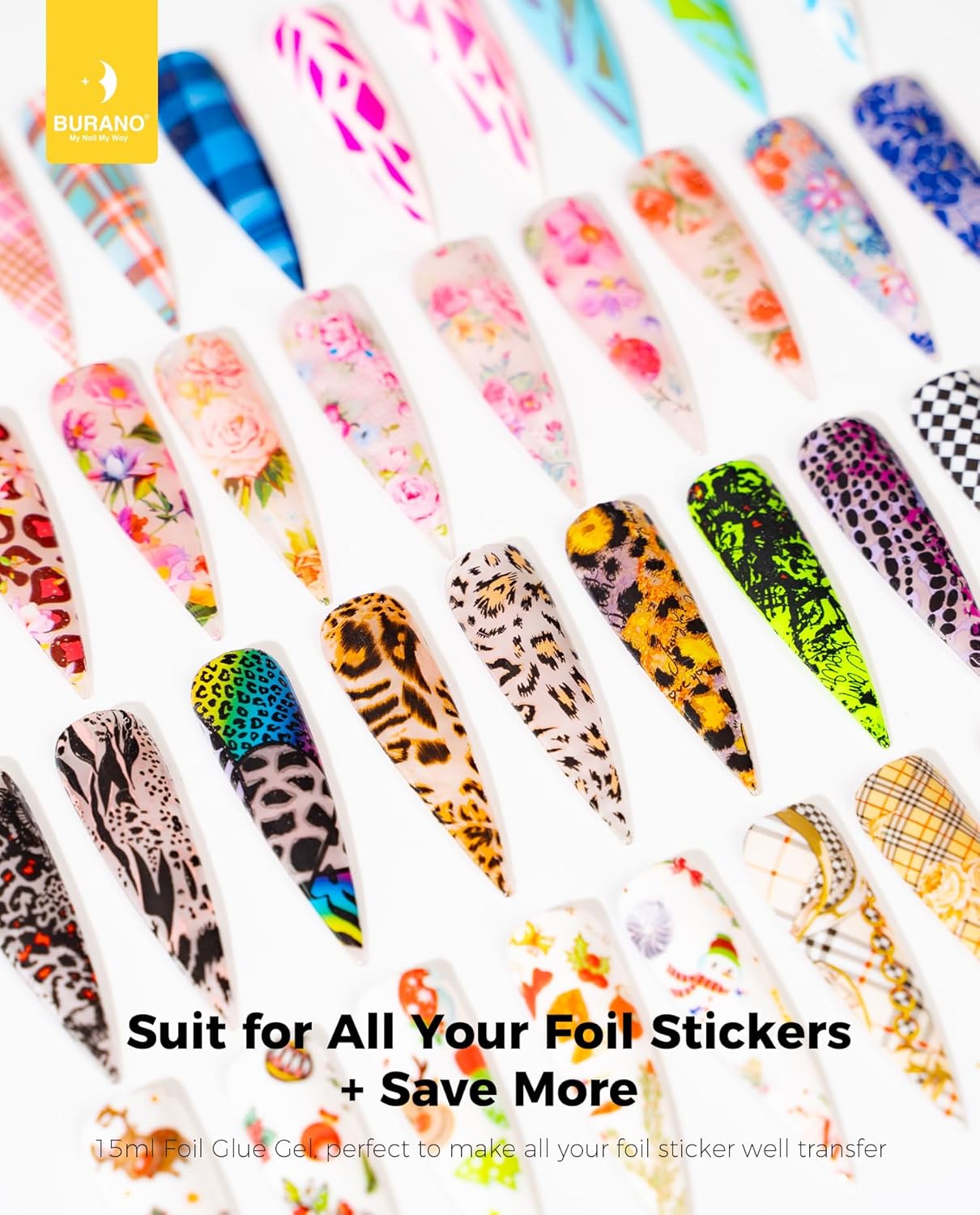 BURANO Nail Art Nail Foil Glue Gel, o.5 oz with 10PCS Foil Stickers Set Nail Foil Glue for Nails Foil Transfer Gel, Nail Design DIY UV LED Lamp Required (Popular Foil 12)