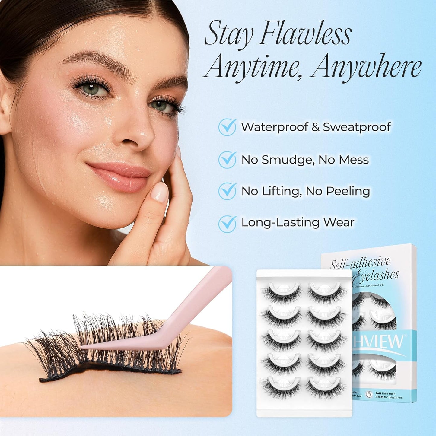 LASHVIEW Self Adhesive Eyelashes 5 Pairs Cat Eye Wispy Self-adhesive False Lashes Reusable Natural Look Press On Lashes No Glue Need Eyelashes with Replacement Adhesive Strips (CV122)
